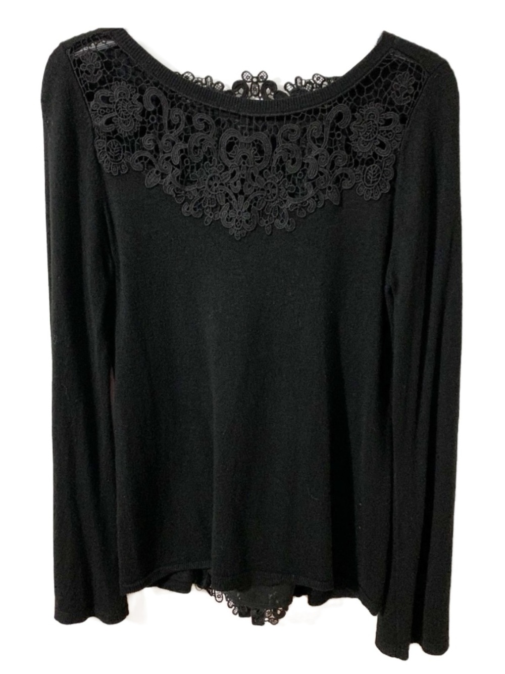 White House Black Market Black Lace Back Sweater Knit Bow Sheer Panel Size Small